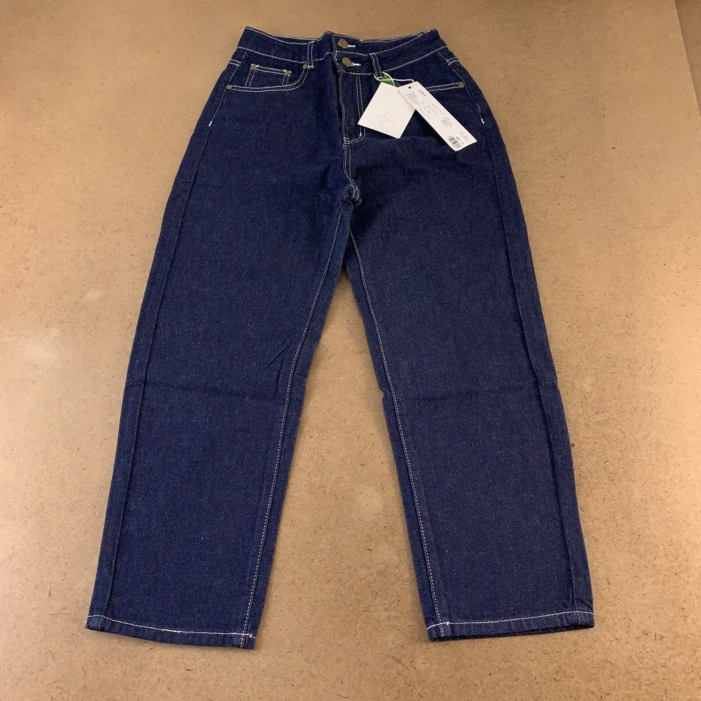 XUELI Women's Size Small Dark Wash Denim High Waisted Straight Crop Jeans NWT
